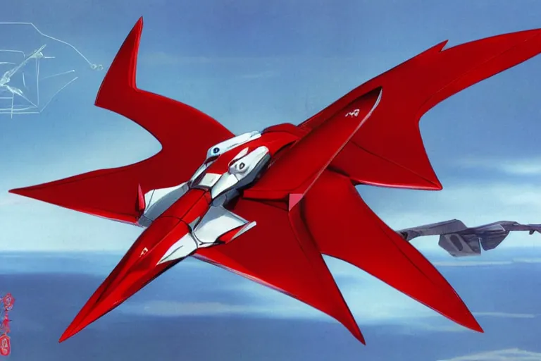 Image similar to a pteranodon mecha fighter, red and white robotech styling with Kanji markings, boeing concept art