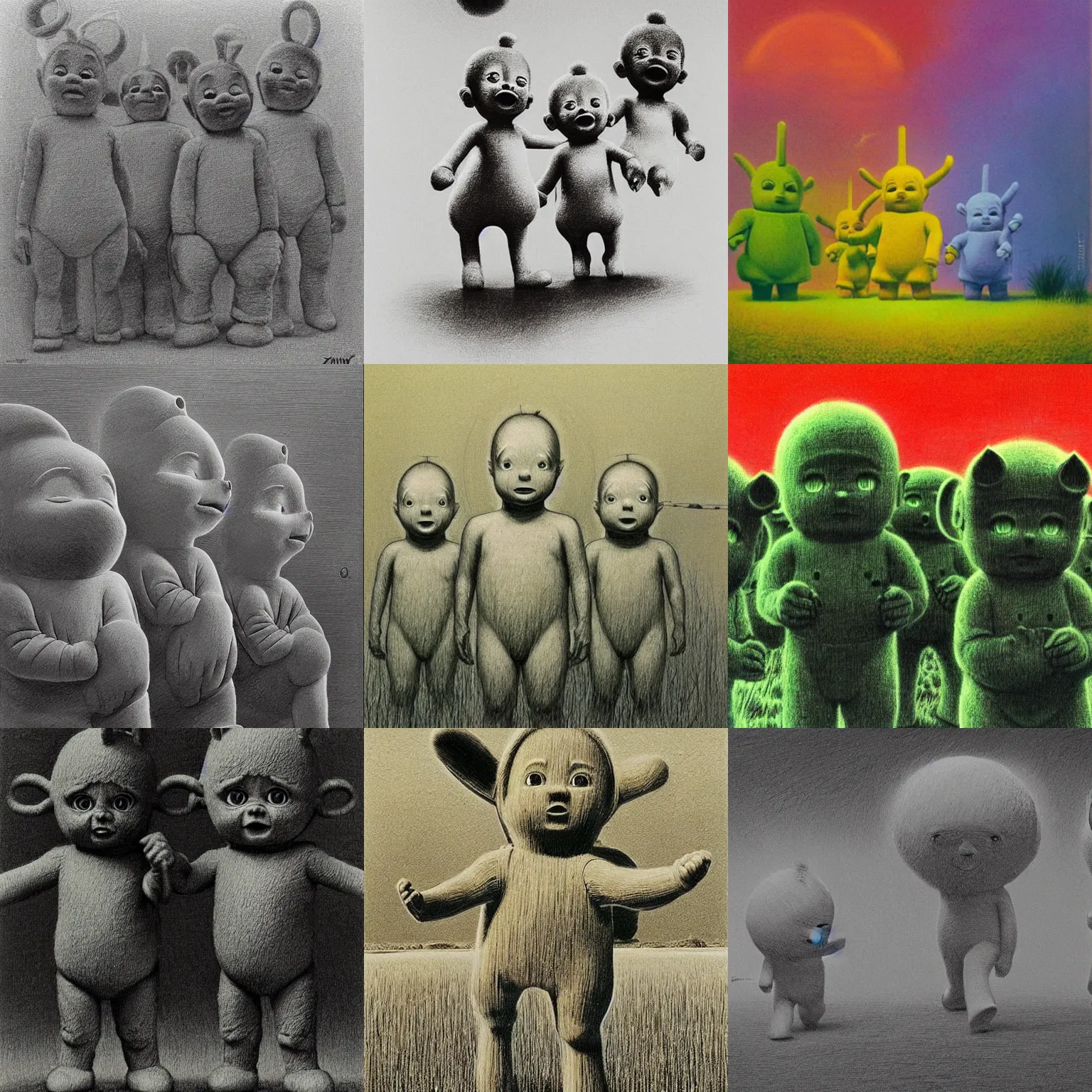 Prompt: teletubbies drawn by zdzisław beksinski