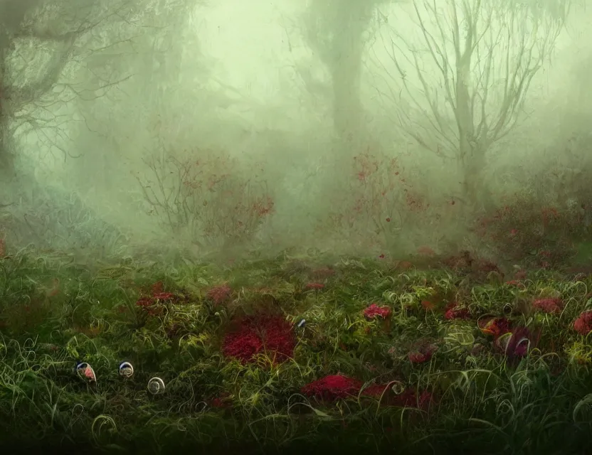 Prompt: psychological horror movie still, amorphous life form crawling over a garden in a beautiful foggy morning. oil painting, indie concept art, bloom, chiaroscuro, backlighting, intricate details, depth of field.