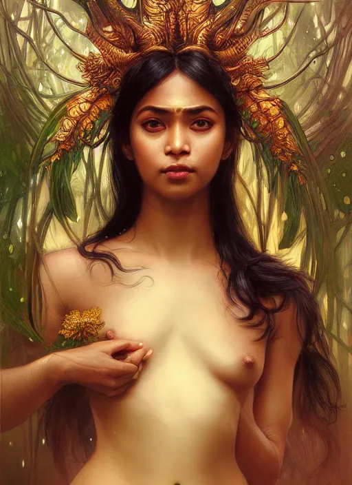 Image similar to kuntilanak on bayan tree, d & d, wet, shiny, fantasy, details face, details intricate, baroque, elegant, dramatically art, ultra definition, digital painting, artstation, concept art, smooth, sharp focus, illustration, art by artgerm and greg rutkowski and alphonse mucha and garis edelweiss and alex flores