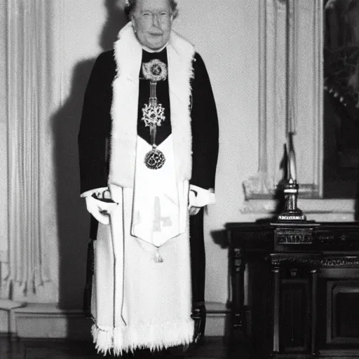 Prompt: queen Elizabeth II wearing a Masonic apron