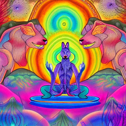 Prompt: an anthromorphic wolf man meditating in a zen garden, by amanda clark and lisa frank in a psychedelic style, oil on canvas
