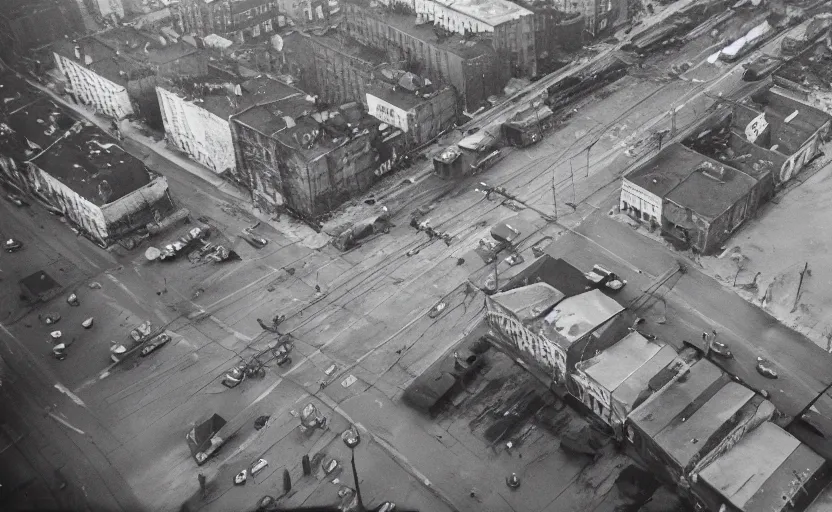 Image similar to 40s aerial historic footage of a sovietic street with pedestrians, top shot , aerial photograph Cinestill 800t 18mm, heavy grainy picture, very detailed, high quality, 4k panoramic, billboards and streetlight at night, rain, mud, foggy