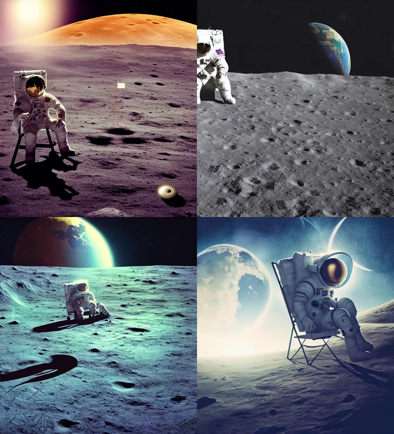 Prompt: astronaut sitting in lawn chair on the moon looking at earth hyper realism, cinematic, dramatic ambient lighting, epic composition, high detail, octane render, unreal engine, 8 k, vibrant colors, smooth gradients, high contrast, professional photo, photorealistic, digital artray tracing