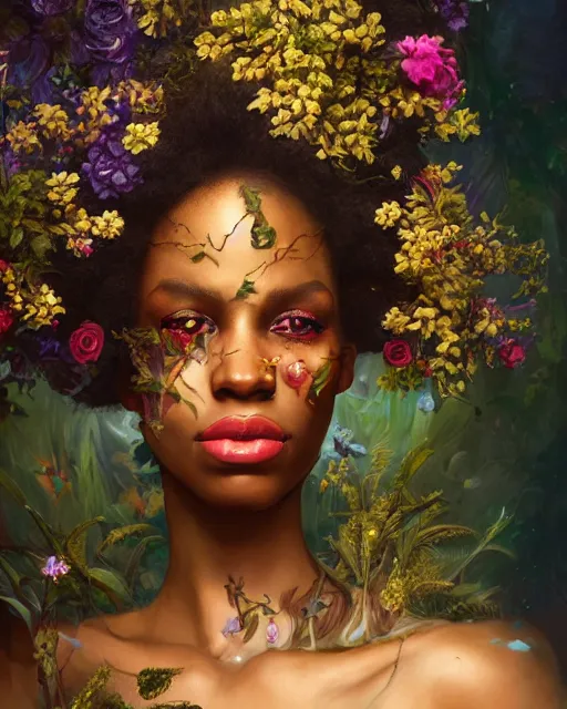 Image similar to portrait of the afro - american queen of the underworld, surrounded by flowers by karol bak, james jean, tom bagshaw, rococo, sharp focus, trending on artstation, cinematic lighting, hyper realism, octane render, 8 k, hyper detailed.