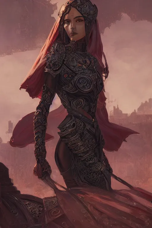 Image similar to portrait knights of Zodiac girl, metallic black and reddish reflected armor, in ruined Agora of Athens, ssci-fi, fantasy, intricate, very very beautiful, elegant, highly detailed, digital painting, artstation, concept art, smooth, sharp focus, illustration, art by tian zi and WLOP and alphonse mucha