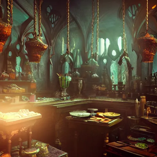 Prompt: inside a magical item shop, fantasy potion vendor interior, necromancy, ufotable studio art style, gothic interior, 8K, octane render, unreal engine,