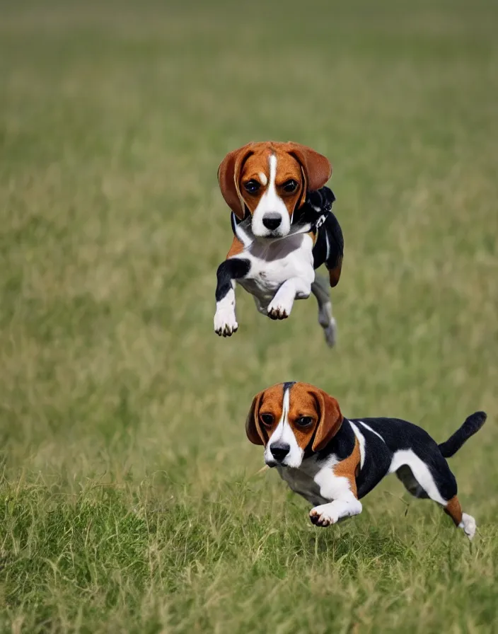 Image similar to a beagle running in a field, matte painting, 8k, depth of field.