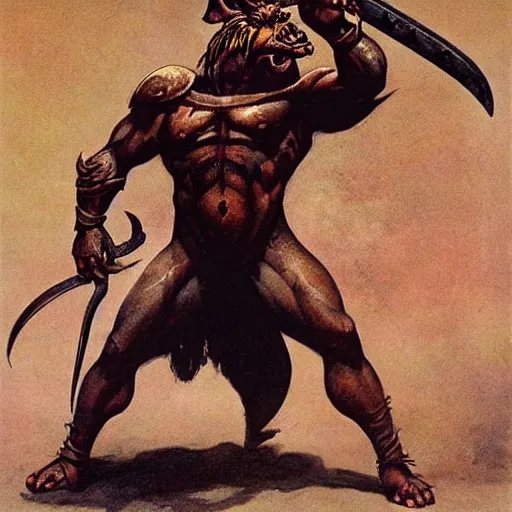 Prompt: an anthropomorphised boar warrior, sword and sorcery, painted by frank frazetta