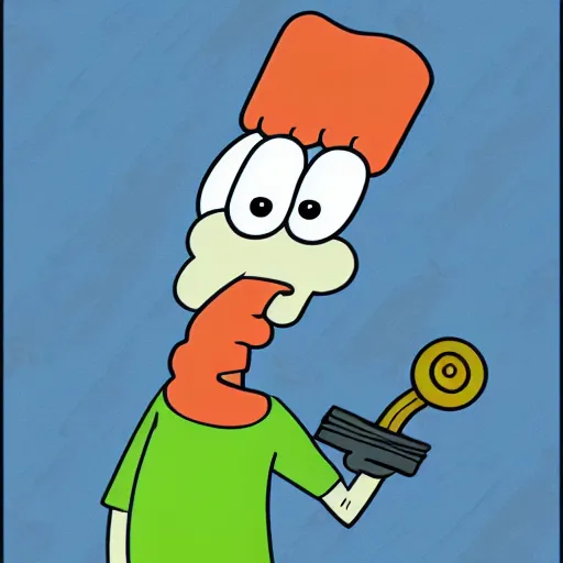 Image similar to squidward with hair, from spongebob squarepants holding a hammer, intricate abstract, cartoon by stephen hillenburg