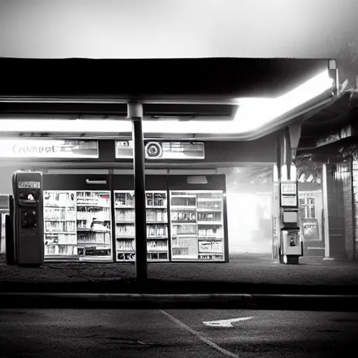 Prompt: a convenience store at a gas station in the dark and misty night, observed from afar in the fog, cyberpunk style ( 2 0 6 0 )