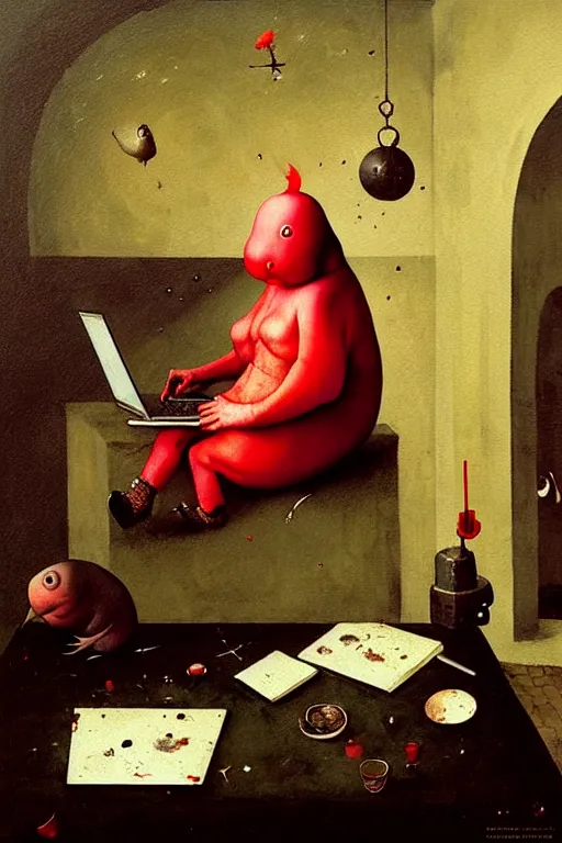 Prompt: hieronymus bosch, greg rutkowski, anna podedworna, painting of small extremely fat white blobfish with bright red hair smiling at a laptop