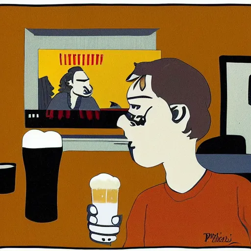 Image similar to Guy who drink beer while watching TV, junk foods, by Philippe Vuillemin