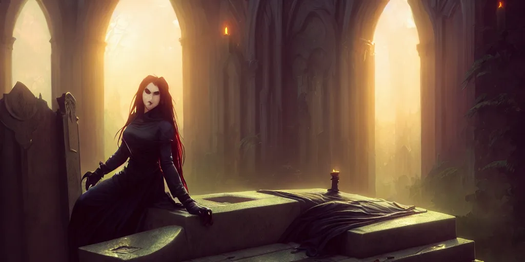 Image similar to vampire sitting quietly on a tombstone, volumetric lighting, cinematic, highly detailed, digital painting, artstation, concept art, matte, sharp focus, illustration, art by artgerm and greg rutkowski and alphonse mucha