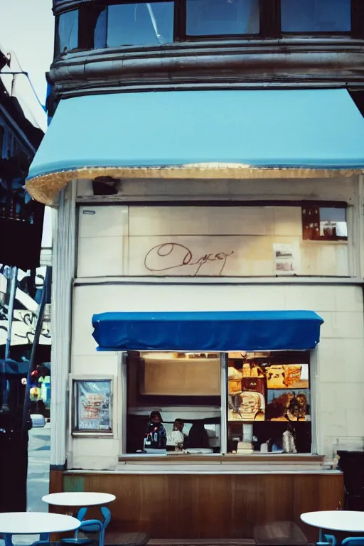 Image similar to a cup of coffee sitting on top of a white table diner booth, high angle, blue booth seats, a hyperrealistic photo by IAN SPRIGGS, flickr, conceptual art, photo taken with ektachrome, photo taken with provia, kodak portrait