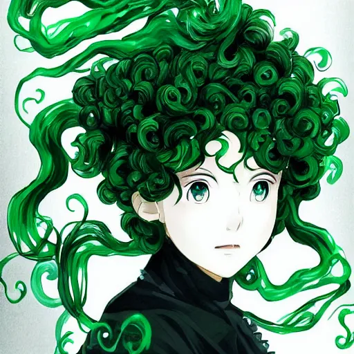 Image similar to beautiful portrait art of tatsumaki with green curly hair, trending on pixiv booru artstation, detailed anime illustration