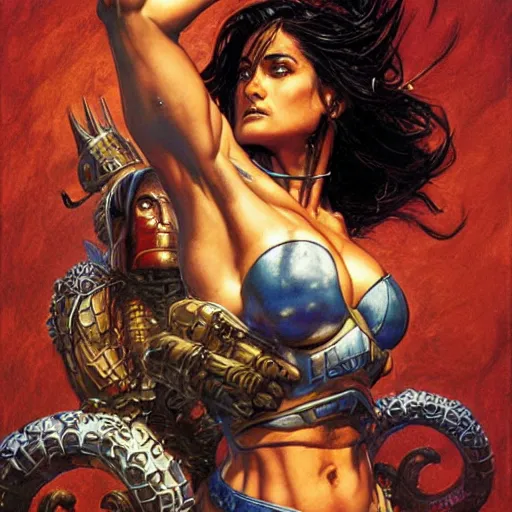 Image similar to muscular beautiful salma hayek wearing armor tombow artwork greg staples , dug stanat, norman rockwell , christophe young eytan zana , rumiko takahashi