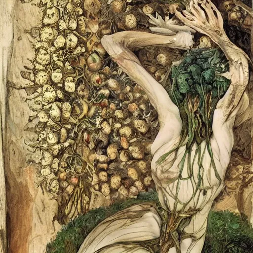 Prompt: a beautiful detailed photo of a rotten woman corpse morphing into fractal plants and fractal flowers and mushrooms, muscles, veins, anatomical, intricate, ornate, volumetric light, beautiful lit, manet