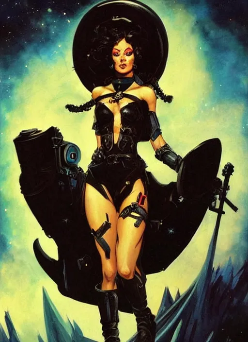 Image similar to portrait of female space pirate, night sky background, beautiful! coherent! by brom, by frank frazetta, deep color, strong line, high contrast