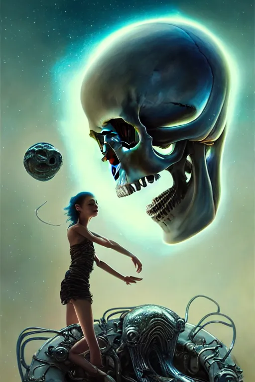 Image similar to a skull alien chase a girl on alien planet by karol bak, james jean, tom bagshaw, rococo, sharp focus, trending on artstation, cinematic lighting, hyper realism, octane render, 8 k, hyper detailed, vivid, ultra detailed, highly detailed