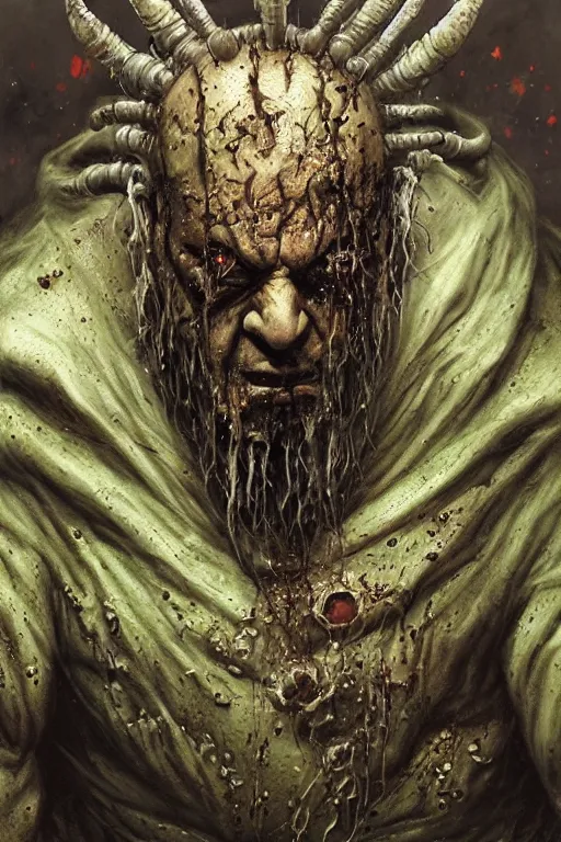 Image similar to closeup portrait shot of joe pesci as nurgle, the lord of pestilence, the plaguefather, great corrupter, decay, highly detailed, digital painting, artstation, concept art, soft focus, depth of field, artgerm, tomasz alen kopera, peter mohrbacher, donato giancola, wlop, boris vallejo