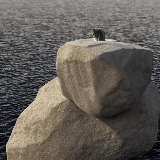 Prompt: a giant rock in the shape of a cat, the rock is in the sea, 3 d render, wide angle shot, unreal engine