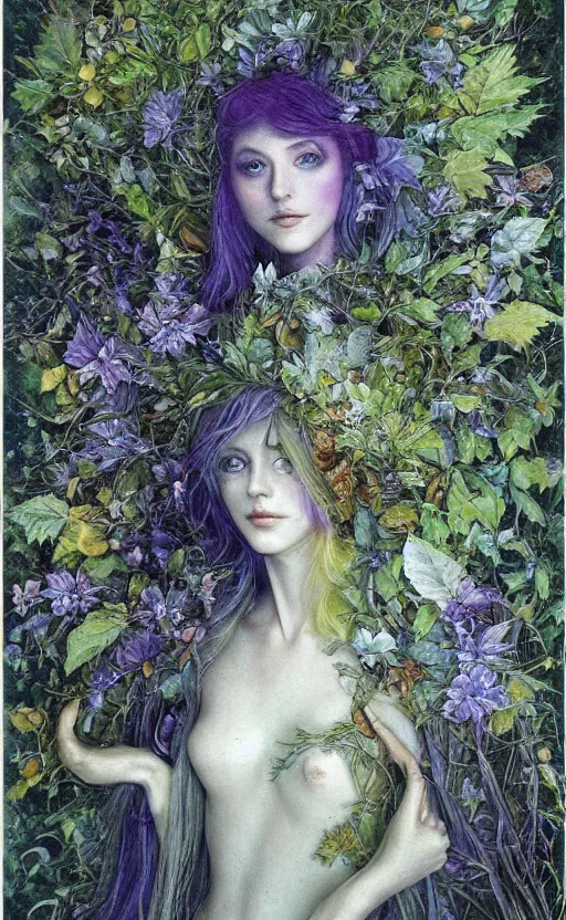 Image similar to fey queen of the summer forest, dress of leaves, fine features, thin, young, silver shimmering hair, by brian froud, stars, night colors, night, purple blue black, oil on canvas, oil panting