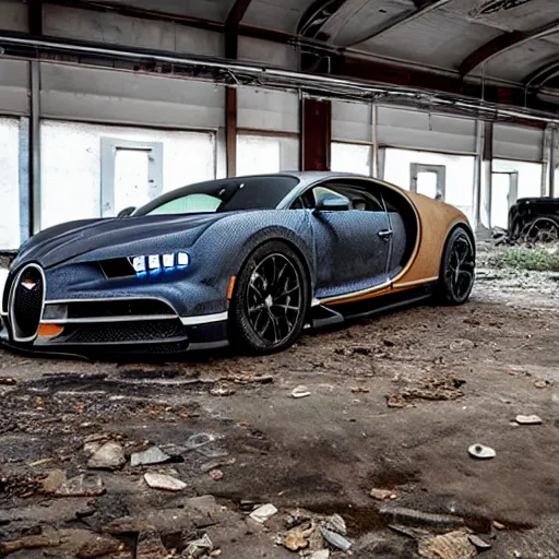 Image similar to an abandoned, derelict, ( really rusty ) bugatti chiron in a dirty warehouse