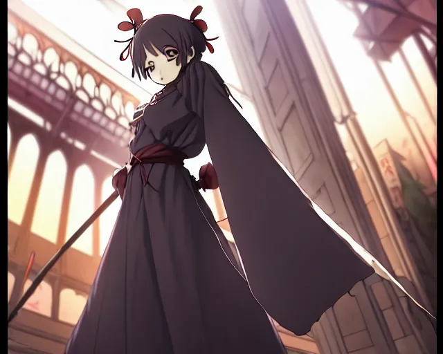 Image similar to pixiv, key anime visual portrait of a young female in robe walking through a busy medieval village, dynamic pose, dynamic perspective, cinematic, dramatic lighting, detailed silhouette, anime proportions, last exile, ghibli