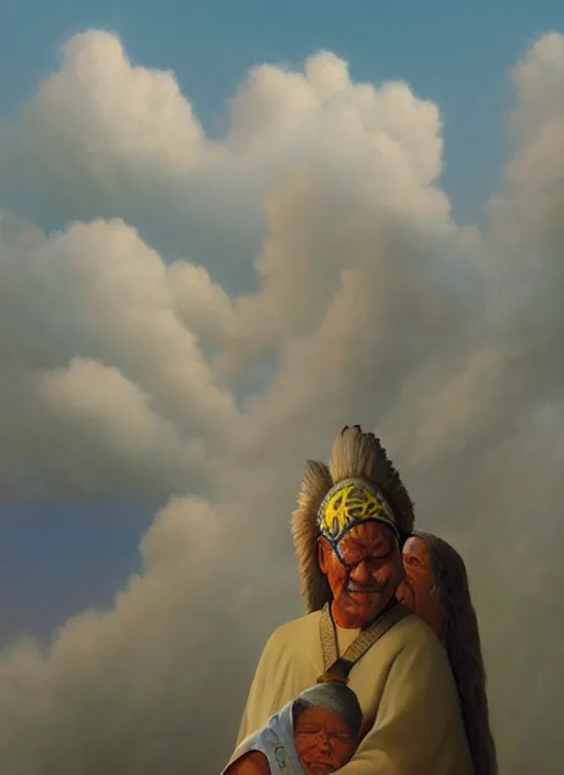 Image similar to portrait of an indigenous grandfather and grandmother in the clouds, smiling, protection, benevolence, ancestors, art by christophe vacher