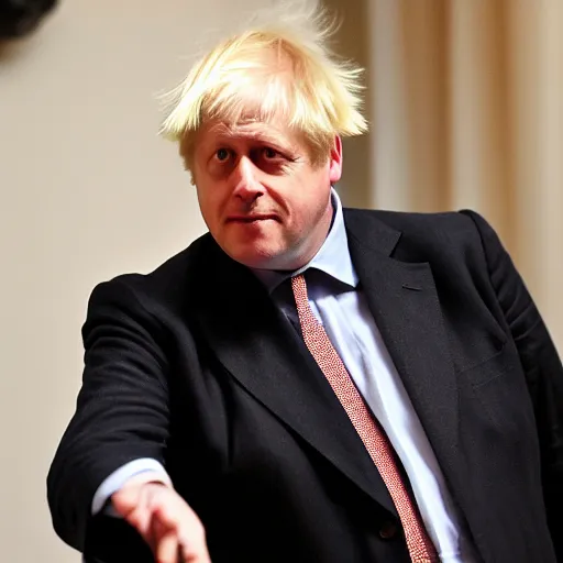 Image similar to boris johnson looking depressed while wearing a maid dress