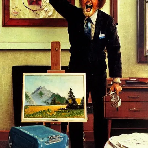 Prompt: bob ross screaming at his painting by norman rockwell