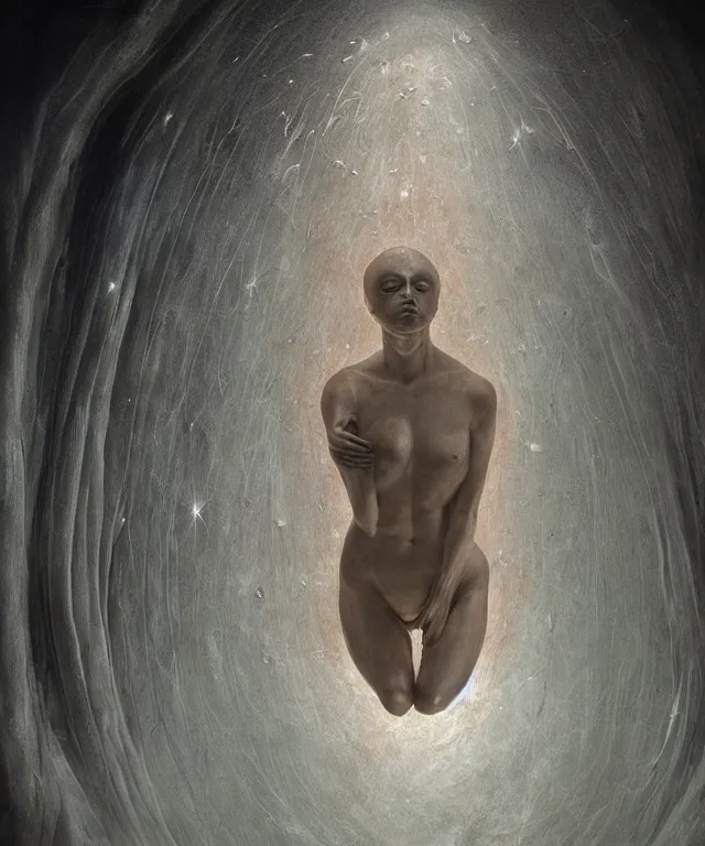 Image similar to Beautiful full-body wax sculpture of a glowing transparent woman inside egg in the singularity where stars becoming baroque folds of dark matter by Michelangelo da Caravaggio, Nicola Samori, William Blake, Alex Grey and Beksinski, dramatic volumetric lighting, highly detailed oil painting, 8k, masterpiece