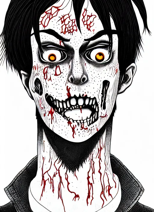 Image similar to junji ito style portrait of zombie teenage jughead jones wearing a light grey crown, zombie, crown, rotting skin, blind eyes, white eyes, crown, black hair, intricate, highly detailed, illustration, art by junji ito