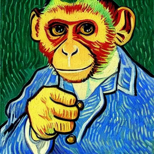 Image similar to oil painting of monkey giving thumbs up + painted by vincent van gogh