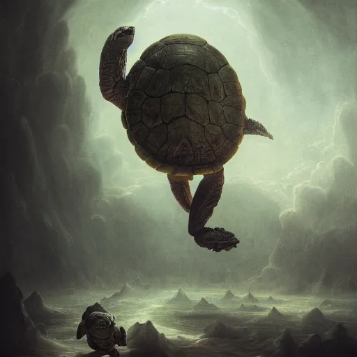 Prompt: turtle creepy, nightmare, dream - like heavy atmosphere, neoclassic, baroque painting, beautiful detailed intricate insanely detailed octane render trending on artstation, 8 k artistic photography, photorealistic, volumetric cinematic light, chiaroscuro, raphael, caravaggio, beksinski, giger, rembrandt