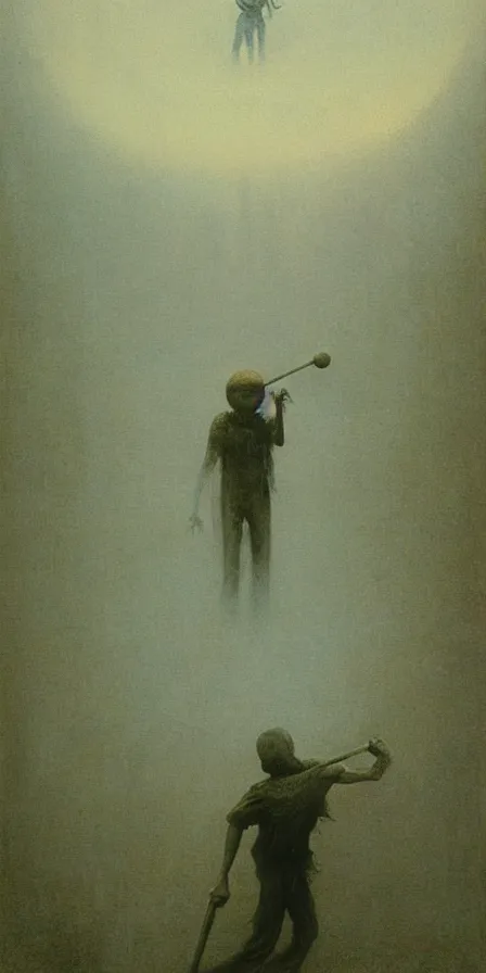 Image similar to painting of a man playing baseball with eldritch beings, by Zdzislaw Beksinski, gothic, amazing details, cold hue's, warm tone gradient background