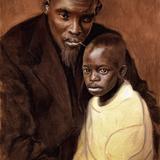 Image similar to a painting of a elegant, well fed, smooth-chinned, long nose, elder with few eyebrows and his son from Kenya by Henry Ossawa Tanner . thinker without facial hair, thoughtful, focused, visionary, calm, jovial, loving, fatherly, generous, . dramatic angle, ethereal lights, details, smooth, sharp focus, illustration, realistic, cinematic, artstation, award winning, rgb , unreal engine, octane render, cinematic light, macro, depth of field, blur, red light and clouds from the back, highly detailed epic cinematic concept art CG render made in Maya, Blender and Photoshop, octane render, excellent composition, dynamic dramatic cinematic lighting, aesthetic, very inspirational, arthouse.