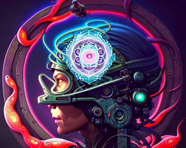 Image similar to a headshot of a ninja offset in the frame, surrounded by fractals and mandalas and cherry blossoms and hadron collider technology and metal gears and swirling bioluminescent energy, art by peter mohrbacher and dan mumford, 8 k octane render, hyperrealistic, zbrush, cinema 4 d