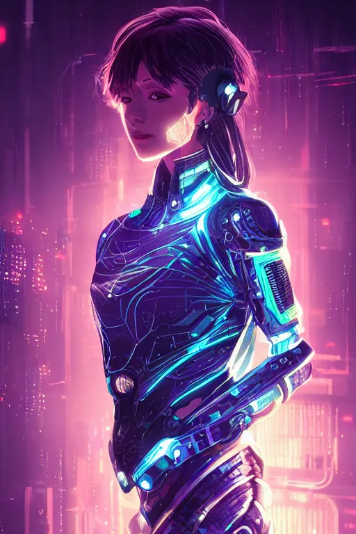 Image similar to portrait futuristic Cyber warrior Girl, in future cyberpunk tokyo rooftop , ssci-fi, fantasy, intricate, very very beautiful, elegant, neon light, highly detailed, digital painting, artstation, concept art, smooth, sharp focus, illustration, art by alphonse mucha and tian zi and WLOP