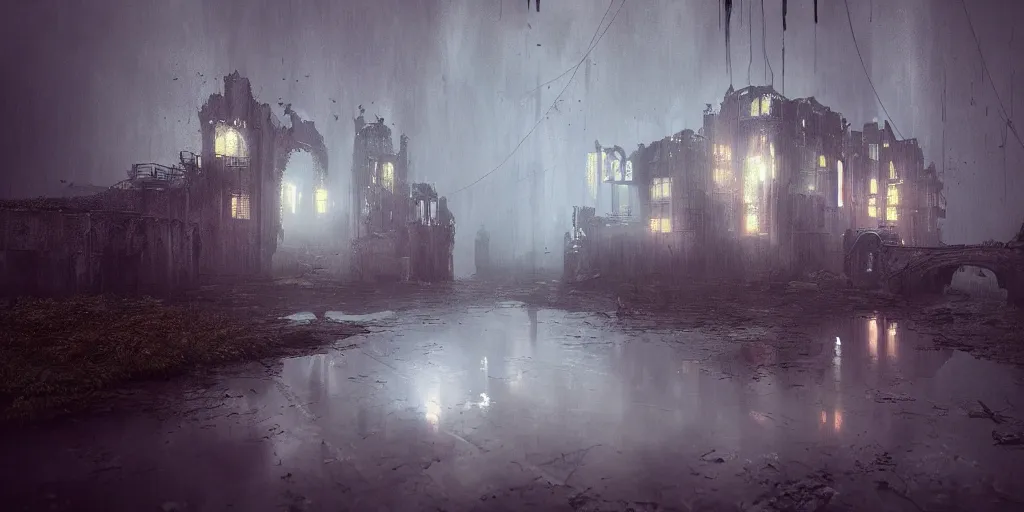 Prompt: beautiful render of abandoned caastle, by lee madgwick and hubert robert, puddles of water, blade runner style, neon glow, vivid color, moody lighting, unreal engine, foggy