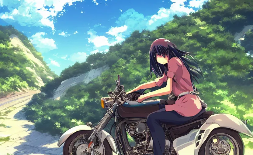 Prompt: An anime girl riding a motorcycle down a winding mountain road, anime scenery by Makoto Shinkai, digital art