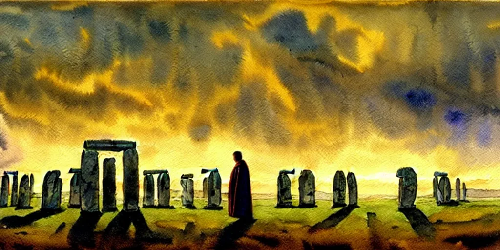Image similar to a hyperrealist watercolor concept art of a giant alien ship from independence day on the horizon of stonehenge. a medieval monk in grey robes is in the foreground. golden hour. very muted colors, by rebecca guay, michael kaluta, charles vess. high detail, hq, wide shot, 4 k