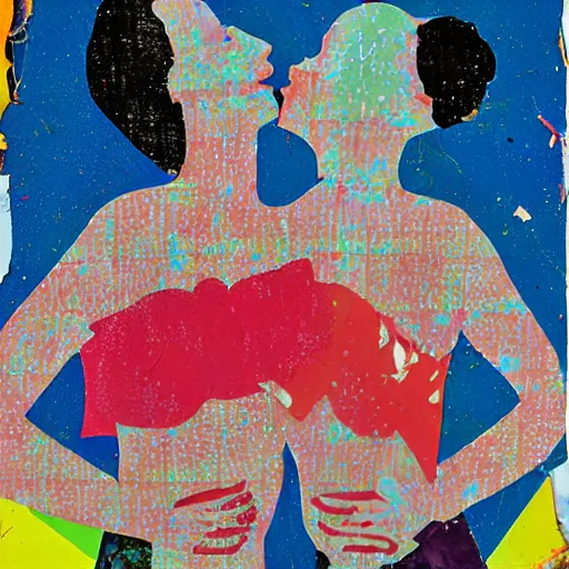 Image similar to two women kissing at a carnival, mixed media collage, retro, paper collage, magazine collage, acrylic paint splatters