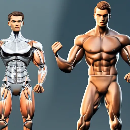 Prompt: a realistic detailed photo of a guy who is an attractive humanoid who is half robot and half humanoid, who is a male android, attractive and handsome jogger, shiny skin, posing like a statue, blank stare, in a gym, on display, showing off his muscles, wearing gym shorts, side view, looking at each other mindlessly