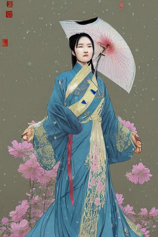 Prompt: portrait wuxia Asian heroine, holy and elite and divine, weraings Chinese costume, in forbidden City Rainning, flowers sea everywhere, ssci-fi, fantasy, intricate, very very beautiful, elegant, highly detailed, digital painting, artstation, concept art, smooth, sharp focus, illustration, art by tian zi and WLOP and alphonse mucha