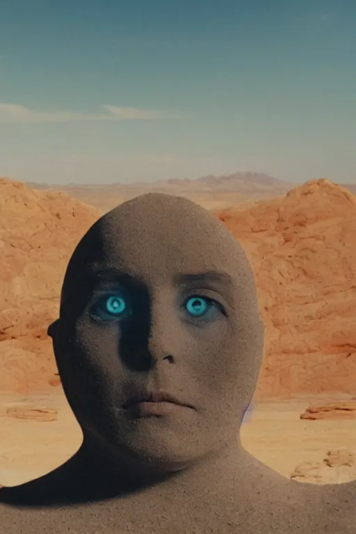 Image similar to levitating bene gesserit with full - face golden mask and glowing eyes in a dry rocky desert landscape, visible sky and sunny atmosphere, fata morgana giant mirrors, black star in the sky by alejandro jodorowsky and christopher doyle, anamorphic lens flares, kodakchrome, cinematic composition, practical effects, 8 k,