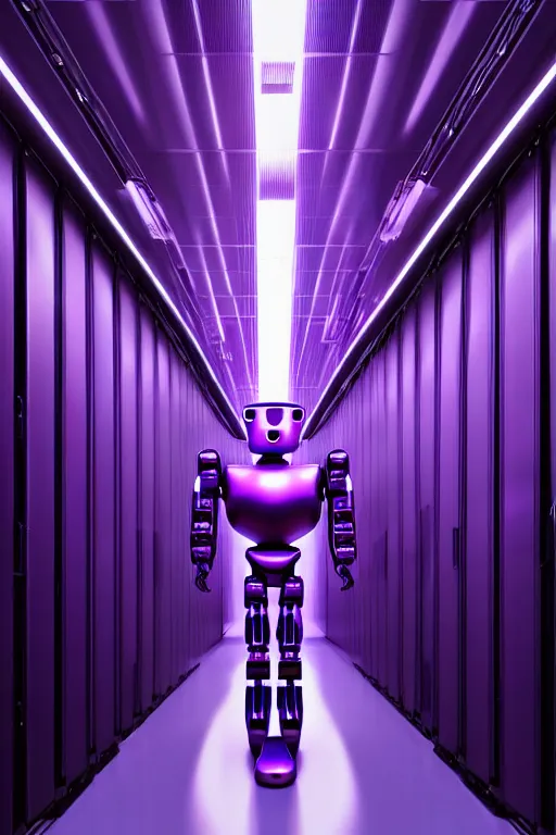 Prompt: hyperrealistic medium shot robot! in data center server building highly detailed concept art eric zener elson peter cinematic hard purple lighting high angle hd 8 k sharp shallow depth of field, inspired by david paul cronenberg and zdzisław beksinski