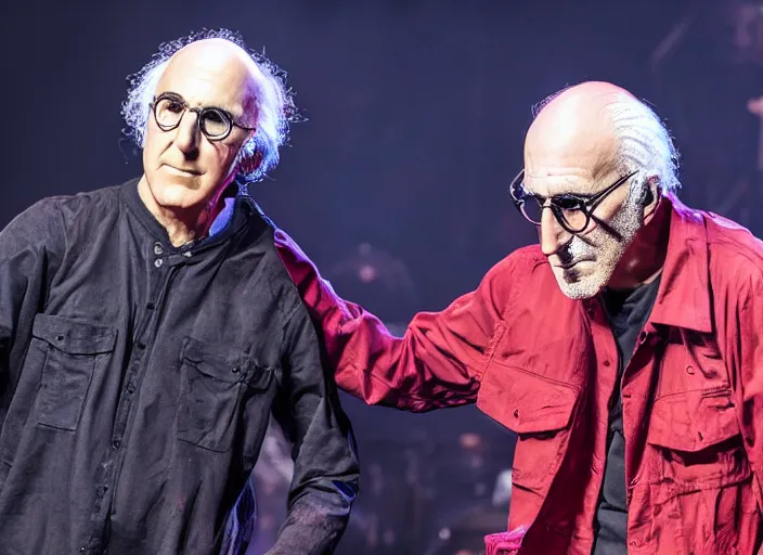 Image similar to publicity photo still of larry david touring with slipknot live on stage, 8 k, live concert lighting, mid shot