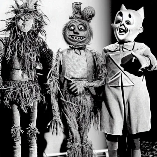 Image similar to the character tik - tok from return to oz ( 1 9 8 5 ) standing next to the characters scarecrow and tinman from the wizard of oz ( 1 9 3 9 ), behind the scenes set photo